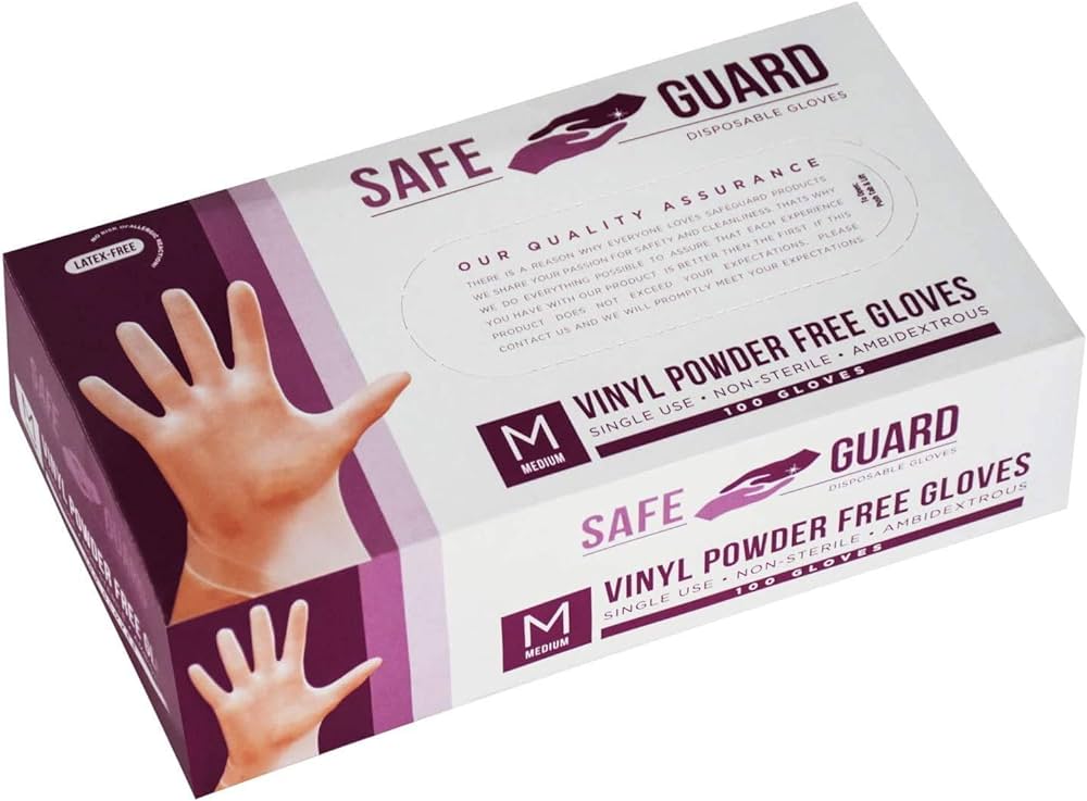 SAFE GUARD GLOVES VINYL (powder free) Medium 100PK/50 PJ DISTRIBUTORS